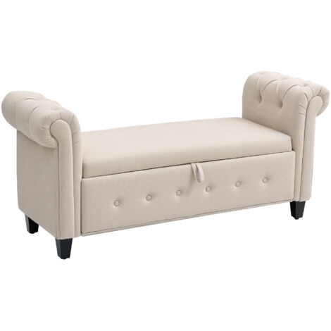 HOMCOM banco de almacenamiento puff de almacenaje tapizado en lino con tapa de bisagras y reposabrazos enrollados 146,5x49x74,5 cm beige