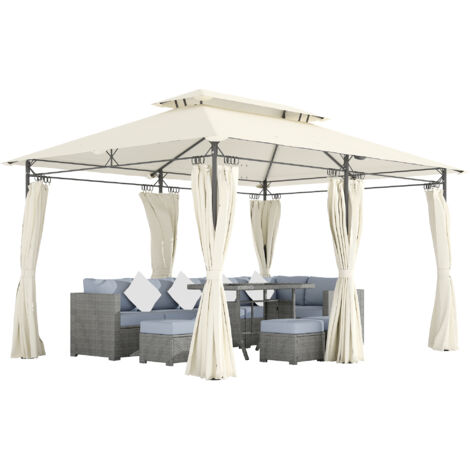 Outsunny cenador para jardín 4x3 m pérgola de jardín gazebo con doble techo paredes laterales resistente al agua carpa para exterior terraza crema