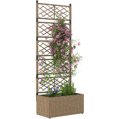 Outsunny jardinera exterior grande de ratán con enrejado 2 macetas extraíbles para plantas trepadoras para patio terraza 57x30x150 cm natural