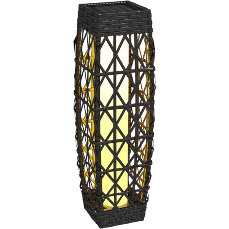 Outsunny linterna de jardín de ratán sintético farola solar con luces LED encendido y apagado automático para terraza balcón patio 20x20x68 cm gris (1/5)