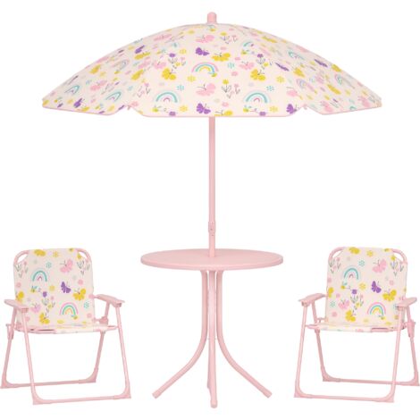 AIYAPLAY conjunto de mesa y sillas infantil de jardín de 4 piezas mesa infantil con sillas plegables sombrilla ajustable diseño de arcoíris rosa
