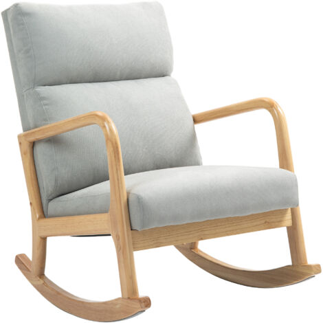 HOMCOM mecedora tapizada en lino silla mecedora con patas de madera de caucho y reposabrazos carga 150 kg para dormitorio salón gris (1/5)