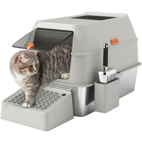 PawHut arenero para gatos cubierto de acero inoxidable caja de arena para gatos con paso de salida y pala de acero inoxidable gris claro