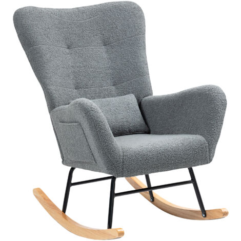HOMCOM mecedora de borreguito mecedora para lactancia con respaldo acolchado almohada y base de madera de caucho carga 120 kg gris