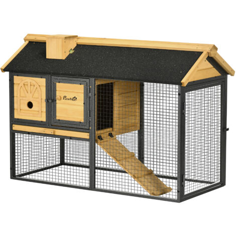 PawHut conejera de madera de 2 niveles con zona abierta techo asfáltico bandeja extraíble puertas y rampa 120x55,5x80 cm natural y negro