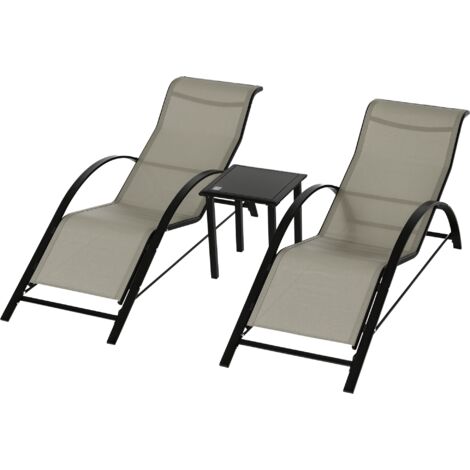 Outsunny set de 2 tumbonas jardín exterior con mesa auxiliar de vidrio templado tumbonas con reposabrazos para patio piscina terraza exterior gris