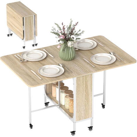 Mesa plegable de comedor mesa de cocina plegable con ruedas alas abatibles y estante mesa plegable para salón 130x80x74 cm madera natural