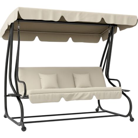 Outsunny balancín de jardín exterior de 3 plazas convertible en cama con toldo ajustable soportes y 2 almohadas carga 340 kg 200x120x164 cm crema