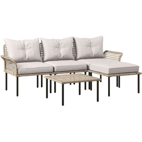 Outsunny conjunto de jardín exterior de ratán sintético de 5 piezas incluye 2 sofás esquineras 1 sofá de exterior 1 taburete 1 mesa de centro crema