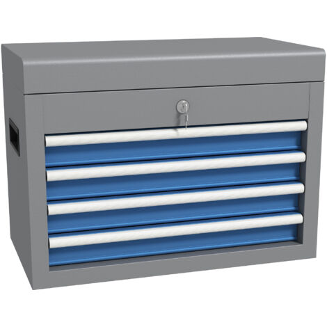 DURHAND caja de herramientas metálica con 4 cajones bandeja superior cerradura y asas laterales carga 20 kg 45x24,5x32,5 cm gris y azul