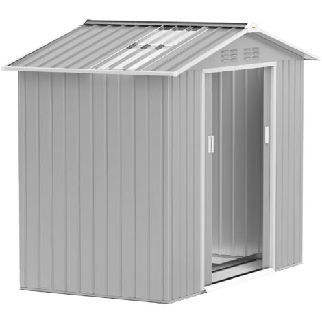 Outsunny caseta de jardín exterior 2,42 m² 213x130x185 cm con base de refuerzo sin suelo 2 puertas correderas y 4 ventanas gris plata
