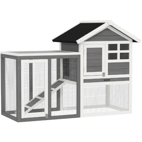 PawHut conejera de madera de 2 niveles jaula para conejos con zona abierta techo asfáltico bandeja extraíble y rampa 122x62,6x92 cm gris