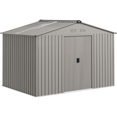 Outsunny caseta de jardín exterior 4,9 m² 277x195x192 cm con puerta corredera techo inclinado base refuerzo y 4 ventanas para patio terraza gris plata