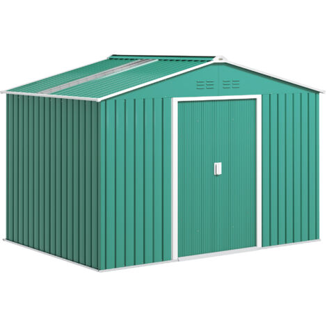 Outsunny caseta de jardín exterior 4,9 m² 277x195x192 cm con puerta corredera techo inclinado base refuerzo y 4 ventanas para patio terraza verde