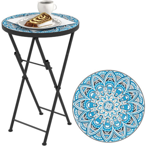 Outsunny mesa auxiliar redonda mesa de jardín exterior plegable con encimera de mosaico mesa para exterior terraza patio Ø35,5x55 cm azul