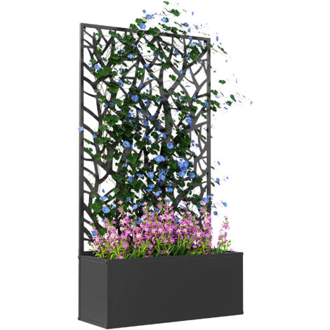 Outsunny jardinera exterior grande de metal jardinera con pantalla de privacidad jardinera de pared o independiente 61x23x113 cm negro