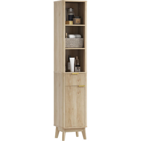 HOMCOM columna de baño mueble de baño estrecho con puerta cajón 3 compartimentos abiertos y estantes ajustables 33x30x170 cm natural (1/5)