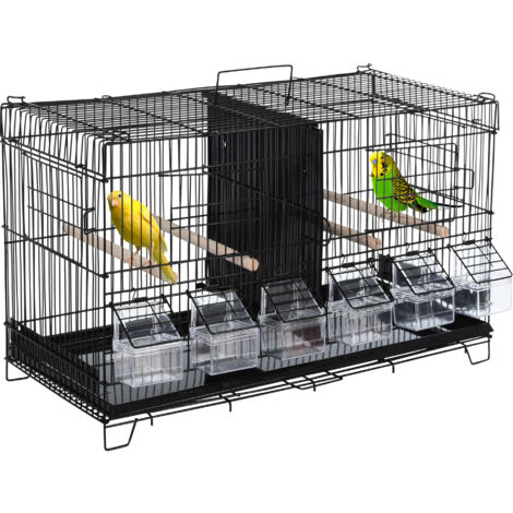 PawHut jaula para pájaros con divisor ganchos superiores comederos perchas y bandeja extraíble para canarios periquitos 59,5x26,5x39,5 cm negro