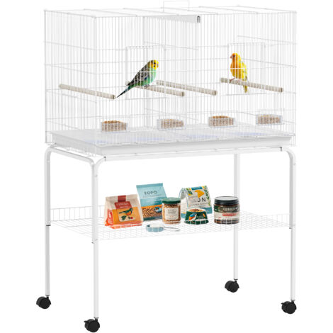 PawHut jaula para pájaros con divisor jaula con ruedas para mascota aves loros canarios con comederos perchas y bandeja extraíble 94x57x128 cm blanco