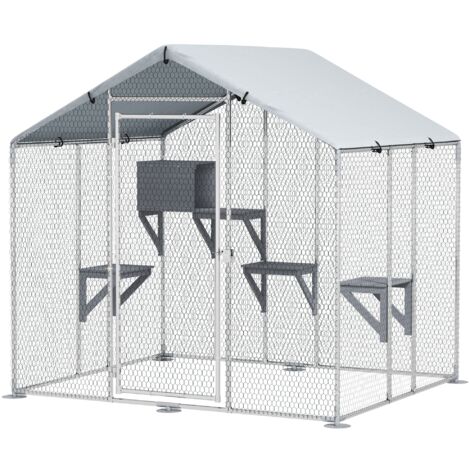 PawHut jaula para gatos para exterior recinto para gatos con cubierta impermeable 420D plataformas y condominio para 5 gatos 200x170x195 cm plata