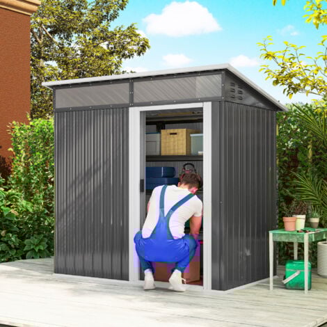 Outsunny caseta de jardín exterior 1,9m² 195x122x182 cm con base refuerzo (suelo no incluido) puerta corredera ventanas gris oscuro