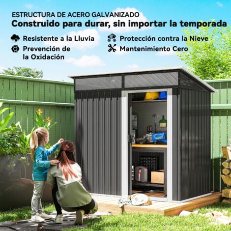Outsunny caseta de jardín exterior 1,9m² 195x122x182 cm con base refuerzo (suelo no incluido) puerta corredera ventanas gris oscuro