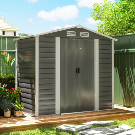 Outsunny caseta de jardín exterior 2,36m² 213x120x194 cm con base refuerzo (suelo no incluido) puertas correderas dobles candado ventanas gris oscuro