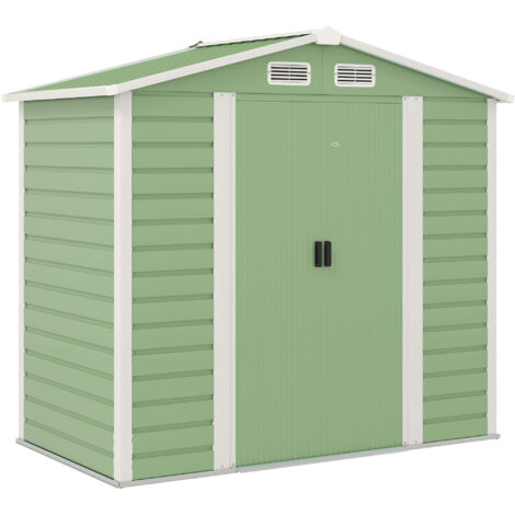 Outsunny caseta de jardín exterior 2,36m² 213x120x194 cm con base refuerzo (suelo no incluido) puertas correderas dobles candado ventanas verde claro