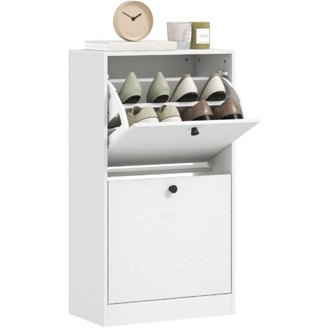 HOMCOM mueble zapatero estrecho para entrada recibidor con 2 cajones abatibles y estantes ajustables para 8 pares de zapatos 47x26x85cm blanco veteado
