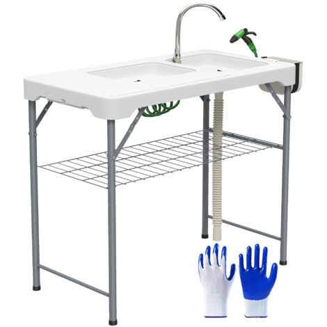 Outsunny mesa para limpiar pescado portátil mesa plegable para camping con 2 fregaderos manguera de drenaje estación de limpieza y grifo blanco