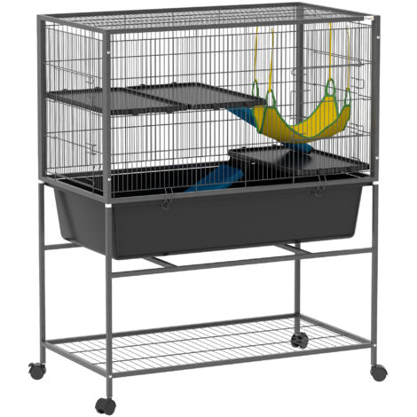 PawHut jaula para animales pequeños de 3 niveles jaula para conejos con ruedas rampas hamaca y bandeja extraíble 88x48x102 cm gris oscuro