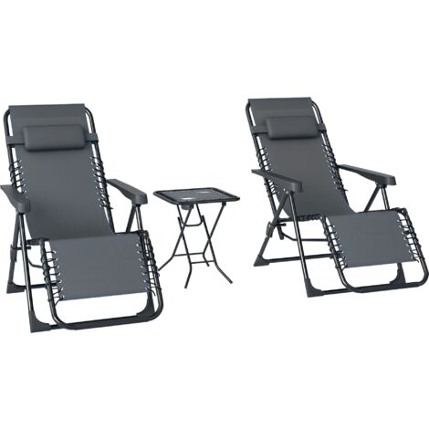 Outsunny set de 2 tumbonas jardín exterior plegables de gravedad cero con mesa auxiliar portavasos respaldo ajustable reposabrazos para patio gris