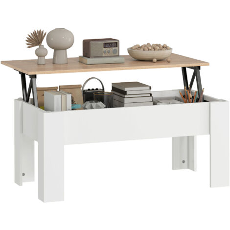 HOMCOM mesa de centro elevable mesa de café con tablero elevable espacio oculto de almacenaje 100x50x45-58,5 cm blanco y natural
