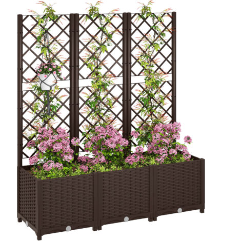 Outsunny jardinera con enrejado de PP con drenaje y amplio espacio para plantas trepadoras macetero con soporte para jardín 120x40x135 cm marrón (1/5)