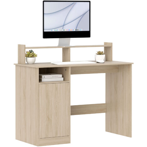 HOMCOM escritorio con estantería moderno con puerta compartimentos abiertos y soporte para monitor para dormitorio hogar oficina 108x50x94 cm natural