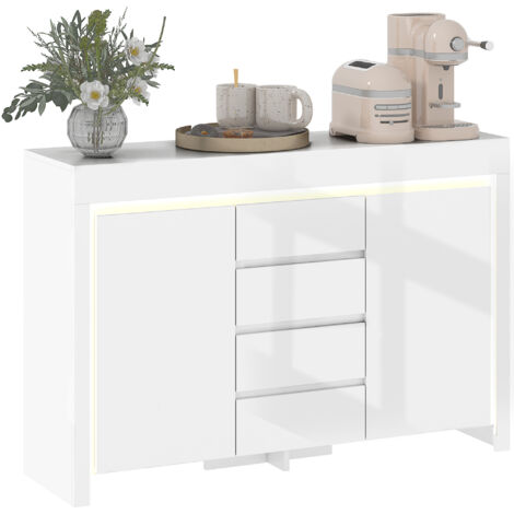 HOMCOM aparador con luces LED aparador de salón con 4 cajones cierre suave estantes ajustables y mando a distancia 120x34x80 cm blanco brillo