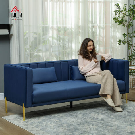 HOMCOM sofá de 3 plazas sofá de salón de 194,5 cm tapizado en terciopelo con 2 almohadas reposabrazos y patas doradas azul marino