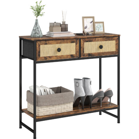 HOMCOM mesa consola mueble para recibidor con estante abierto y 2 cajones frontales de ratán 80x30x75 cm marrón rústico