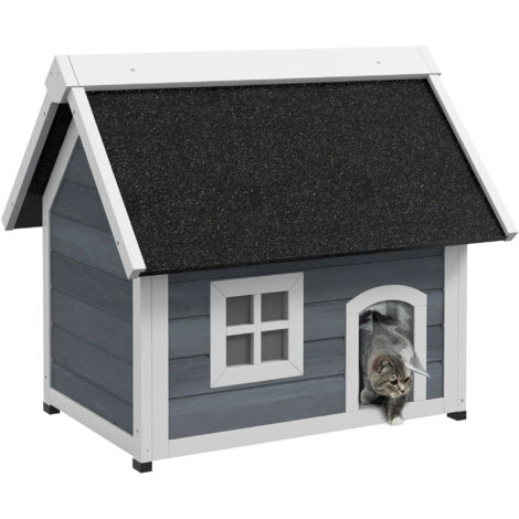 PawHut casa para gatos de madera caseta para gatos con techo asfáltico abatible ventana y puertas con cortina para exterior 77x57,5x68 cm gris y negro