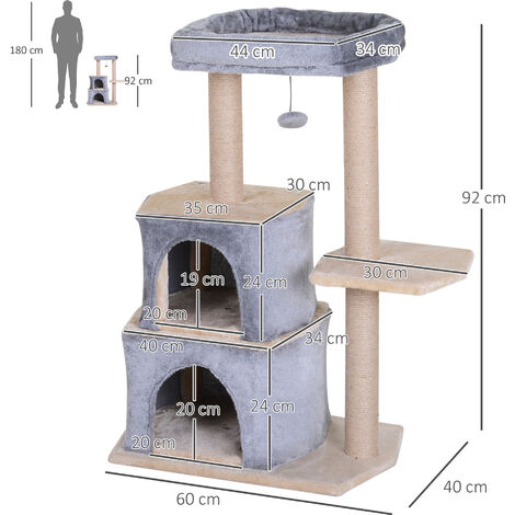 Árbol rascador para gatos de 92 cm torre para gatos mediano con 2 cuevas bola colgante y postes para rascar centro de actividad para gatos gris