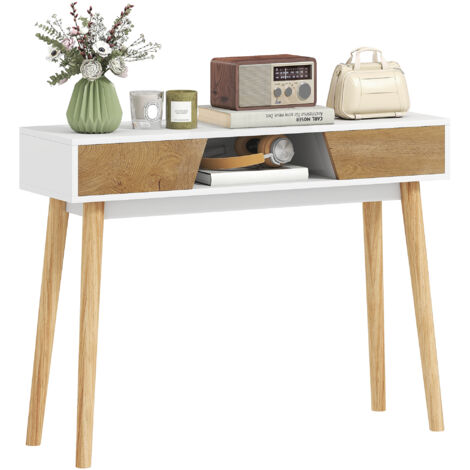 HOMCOM mesa de consola estrecha consola de recibidor mesa de sofá moderna con 2 cajones compartimento y patas de madera blanco