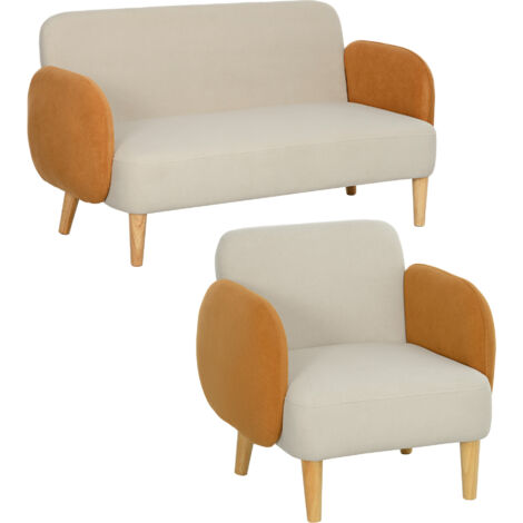 HOMCOM conjunto de sofás de salón con 1 sofá de 2 plazas y sofá individual tapizado en terciopelo con reposabrazos y patas de madera crema
