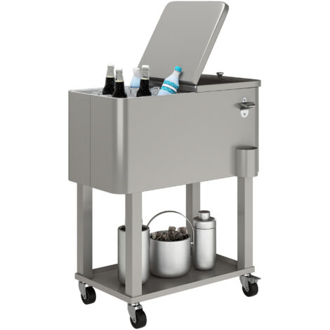Outsunny carro de bebidas refrigerado 56L carro nevera con ruedas abrebotellas y estante para patio fiesta terraza 67x35x80 cm gris claro