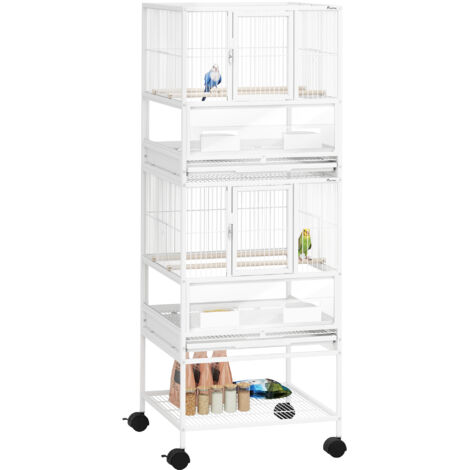 Pawhut jaula para pájaros jaula grande de 2 niveles con ruedas paneles acrílicos comederos perchas estante bandejas extraíbles 48x46x134,5 cm blanco