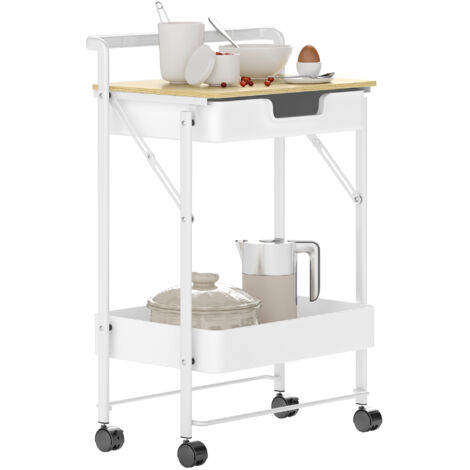 HOMCOM carrito auxiliar con ruedas de 2 niveles carro de cocina estrecho con 1 cajón y 1 cesta carrito organizador para dormitorio salón blanco