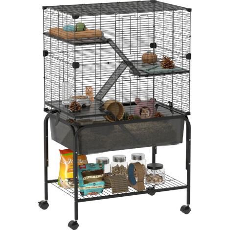 PawHut jaula para animales pequeños de 4 niveles con ruedas bandeja profunda rampas plataformas y comedero para chinchillas hurones hámster negro