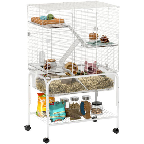 PawHut jaula para animales pequeños de 4 niveles con ruedas bandeja profunda rampas plataformas y comedero para chinchillas hurones hámster blanco