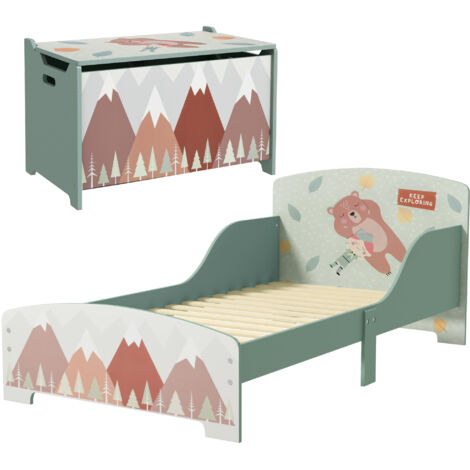Conjunto para niños incluye 1 cama infantil de madera carga Máx. 40 kg 143x77x60 cm y 1 baúl de almacenamiento 60x37x39 cm con estampados verde