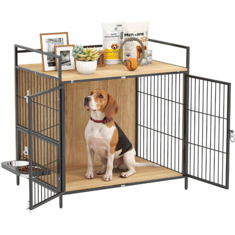 PawHut jaula para perros mesa auxiliar moderna con 2 puertas soporte giratorio con 2 tazones y estante para perros medianos 80x56x76,5 cm roble