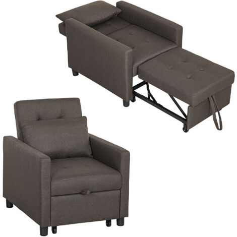 HOMCOM sofá cama de 1 plaza sofá cama tapizado en lino con respaldo ajustable de 3 niveles y almohada acolchad 69x82,5x84 cm marrón (1/5)